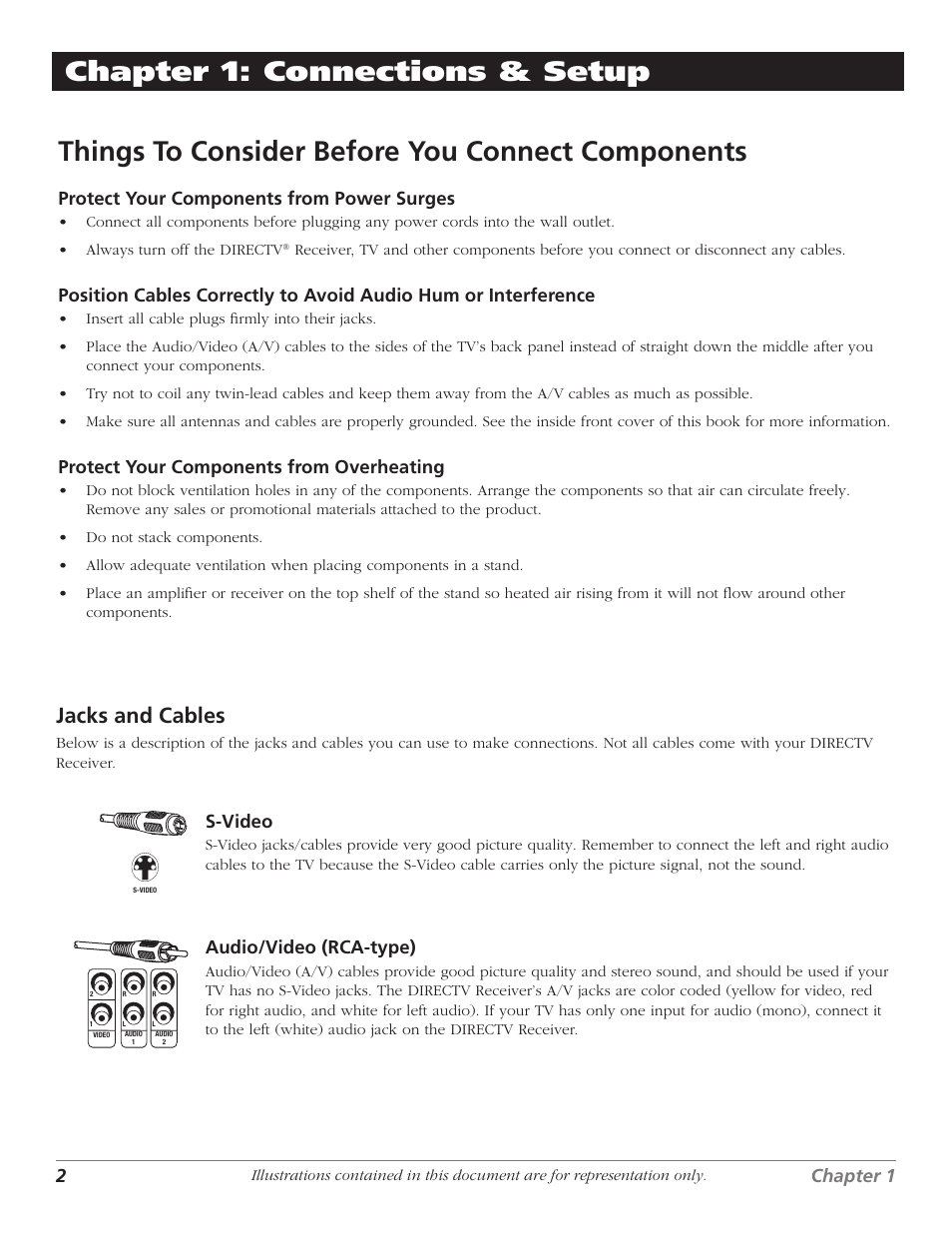Chapter 1: connections & setup, Jacks and cables, 2chapter 1 | Chapter 1 3, Protect your components from power surges, Protect your components from overheating, S-video, Audio/video (rca-type) | DirecTV D10 User Manual | Page 4 / 48