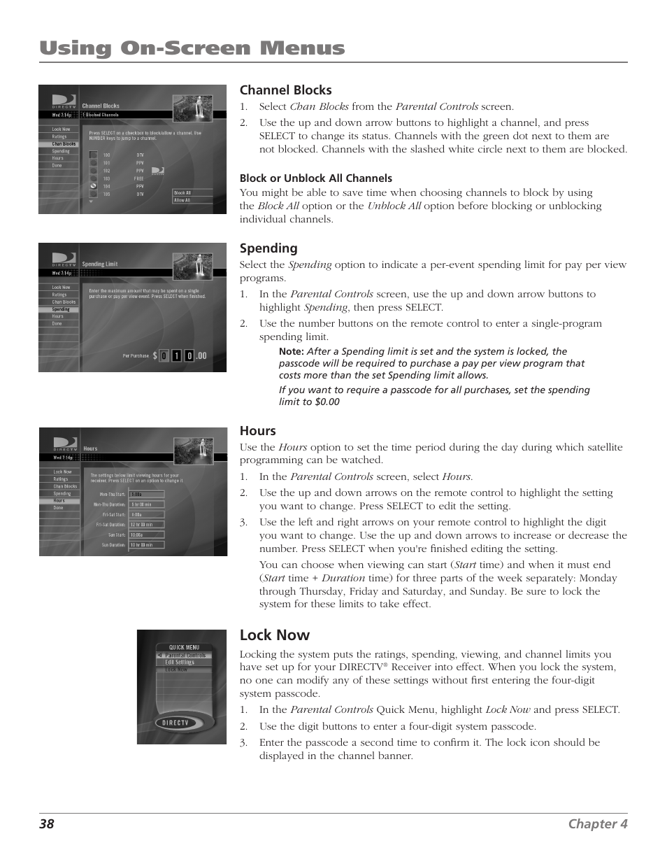 Using on-screen menus, Lock now | DirecTV D10 User Manual | Page 40 / 48