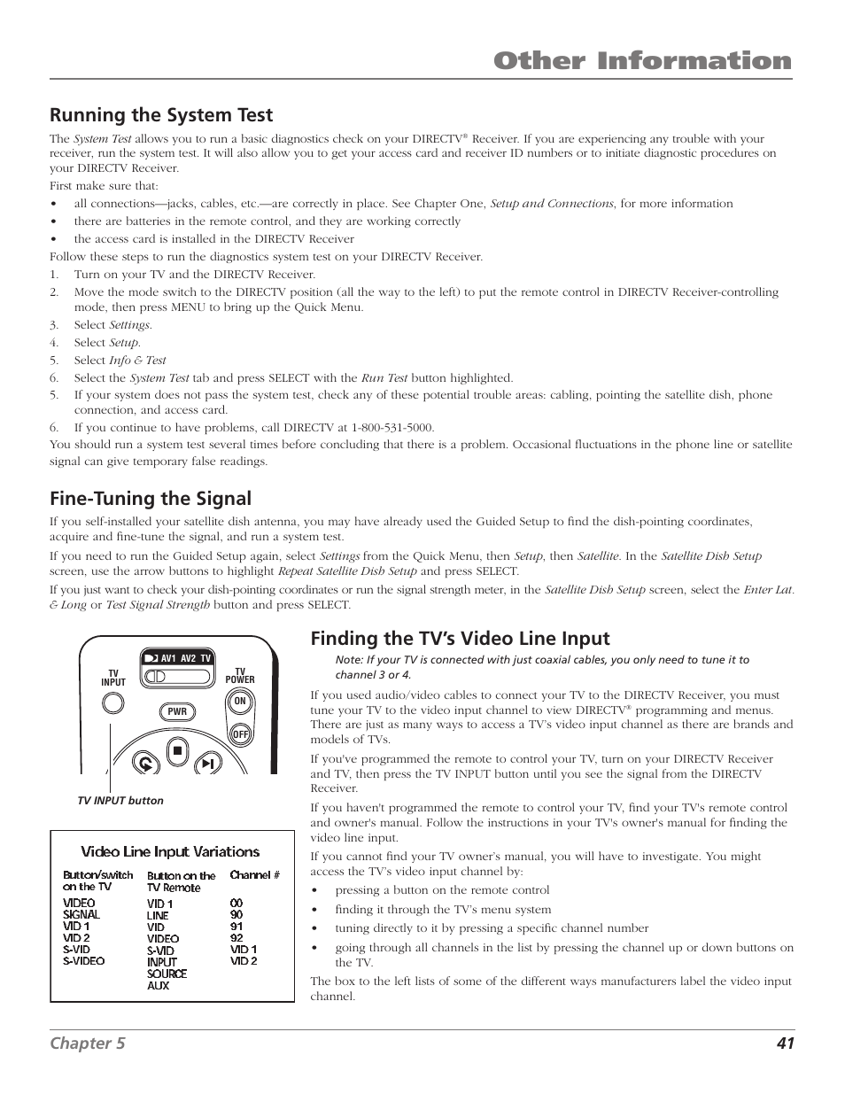Other information, Running the system test, Fine-tuning the signal | Finding the tv’s video line input | DirecTV D10 User Manual | Page 43 / 48