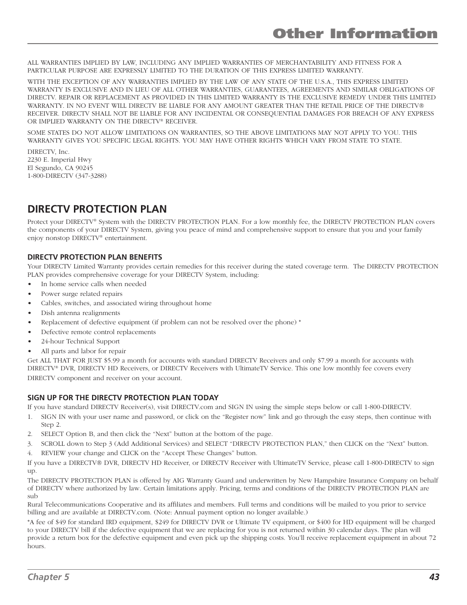 Other information, Directv protection plan | DirecTV D10 User Manual | Page 45 / 48