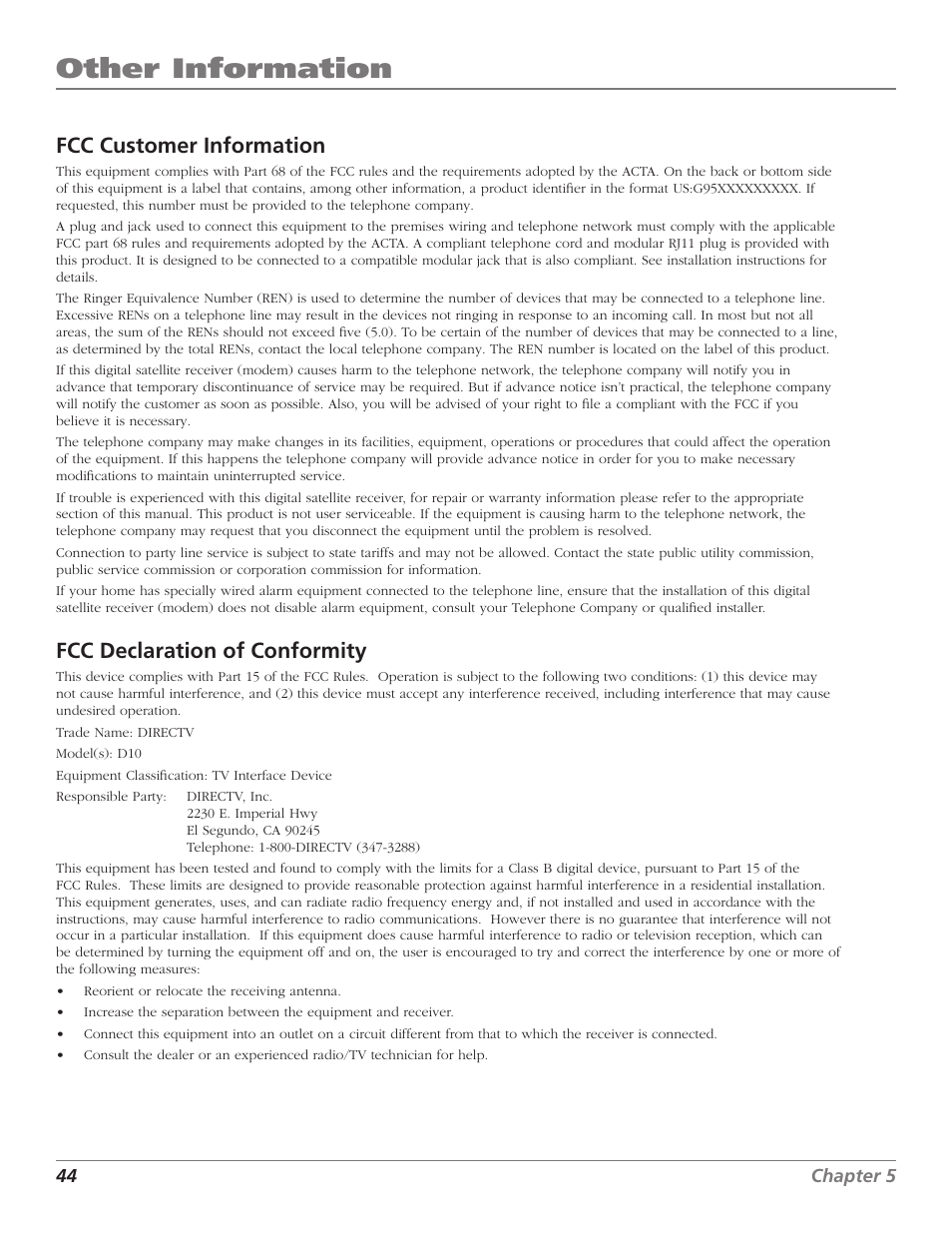 Other information, Index | DirecTV D10 User Manual | Page 46 / 48