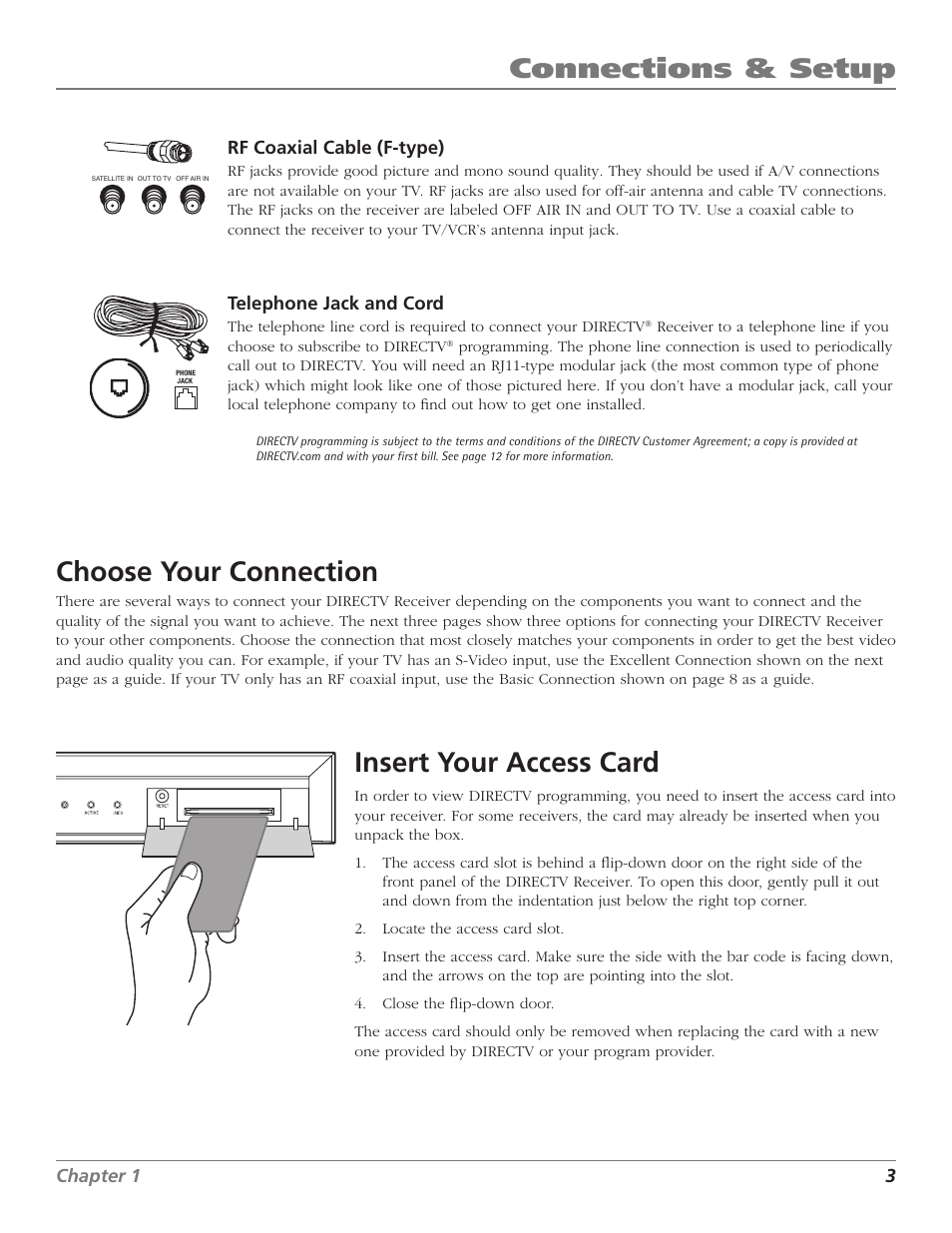 Chapter 1: connections & setup, Connections & setup choose your connection, Insert your access card | DirecTV D10 User Manual | Page 5 / 48