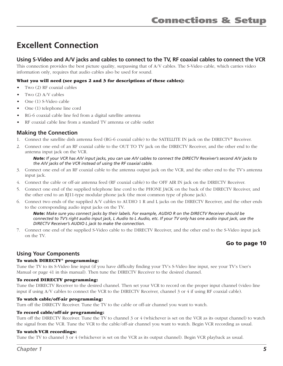 Connections & setup, Connections & setup excellent connection | DirecTV D10 User Manual | Page 7 / 48