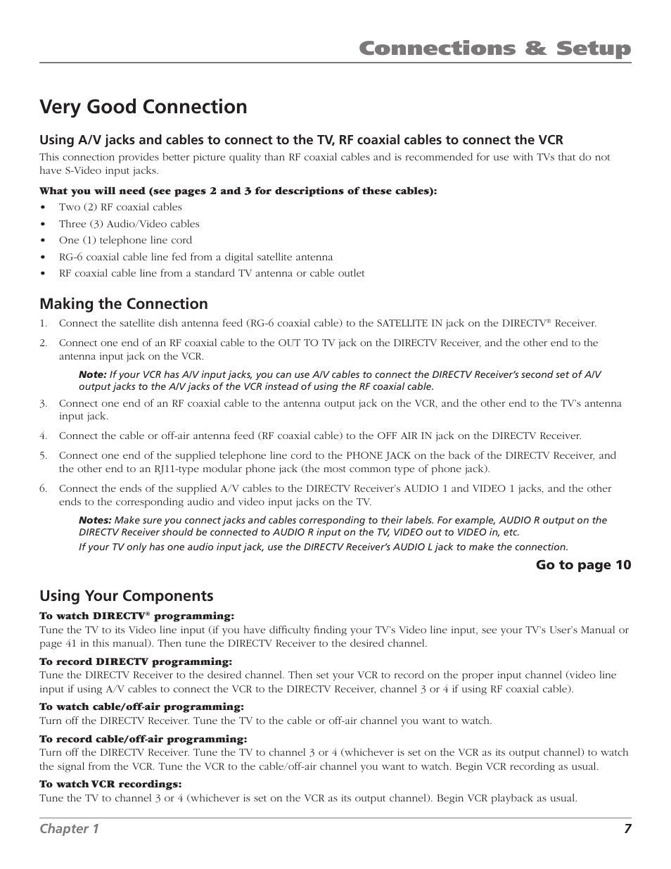 Connections & setup, Connections & setup very good connection, Making the connection | Using your components | DirecTV D10 User Manual | Page 9 / 48