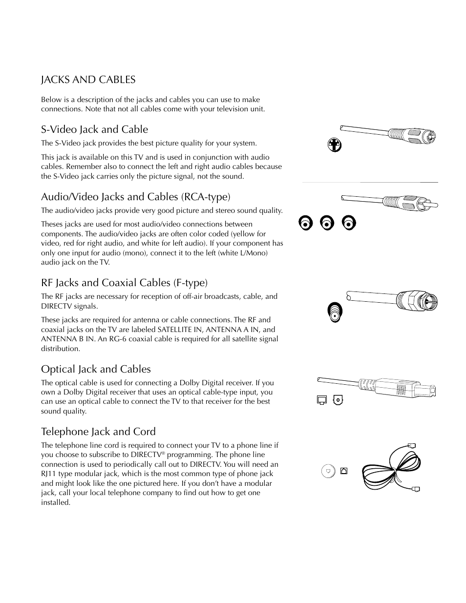 Jacks and cables, Setup and connections, S-video jack and cable | Audio/video jacks and cables (rca-type), Rf jacks and coaxial cables (f-type), Optical jack and cables, Telephone jack and cord | DirecTV HDTV User Manual | Page 10 / 98