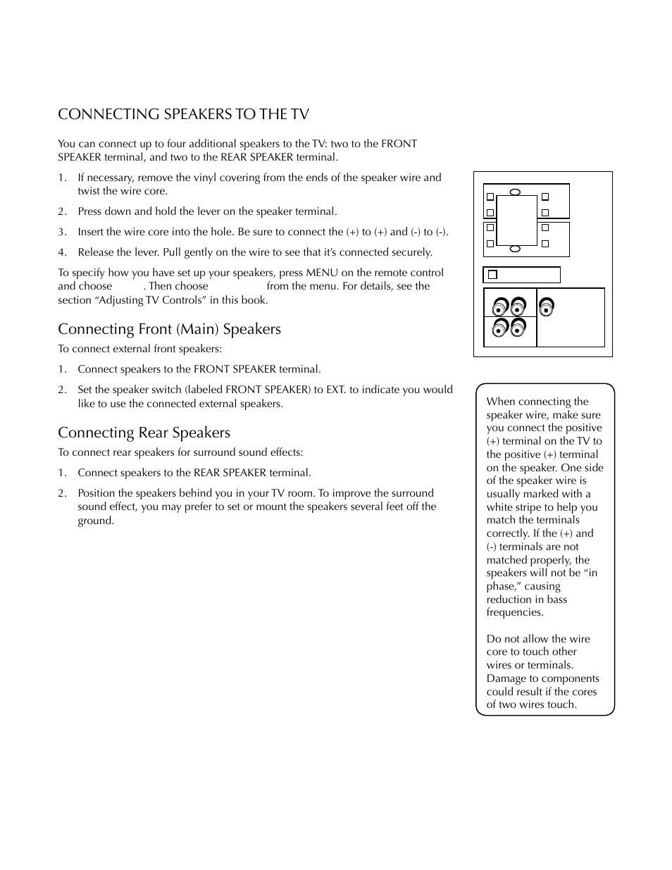 Connecting speakers to the tv, Setup and connections, Connecting front (main) speakers | Connecting rear speakers | DirecTV HDTV User Manual | Page 17 / 98