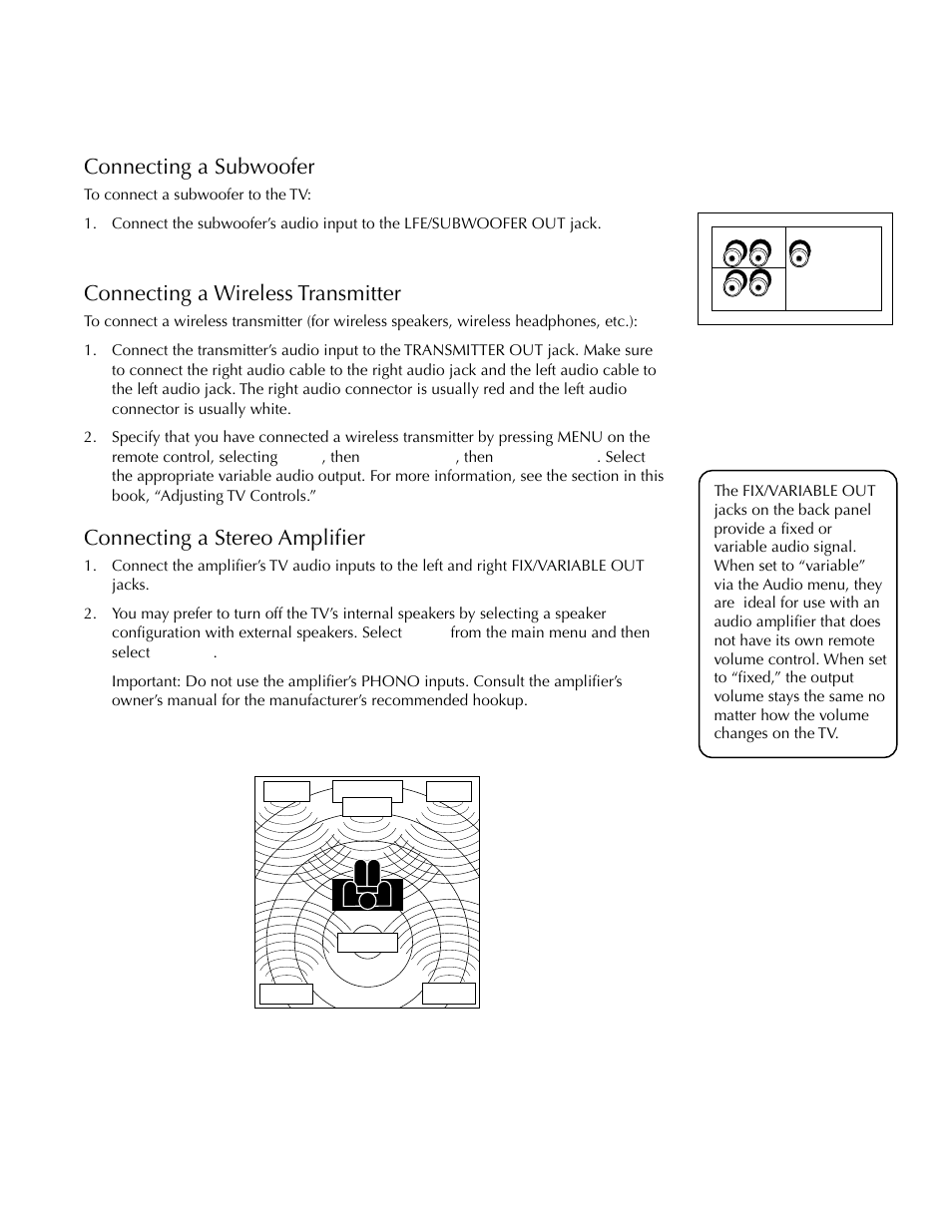 Setup and connections, Connecting a subwoofer, Connecting a wireless transmitter | Connecting a stereo amplifier | DirecTV HDTV User Manual | Page 18 / 98