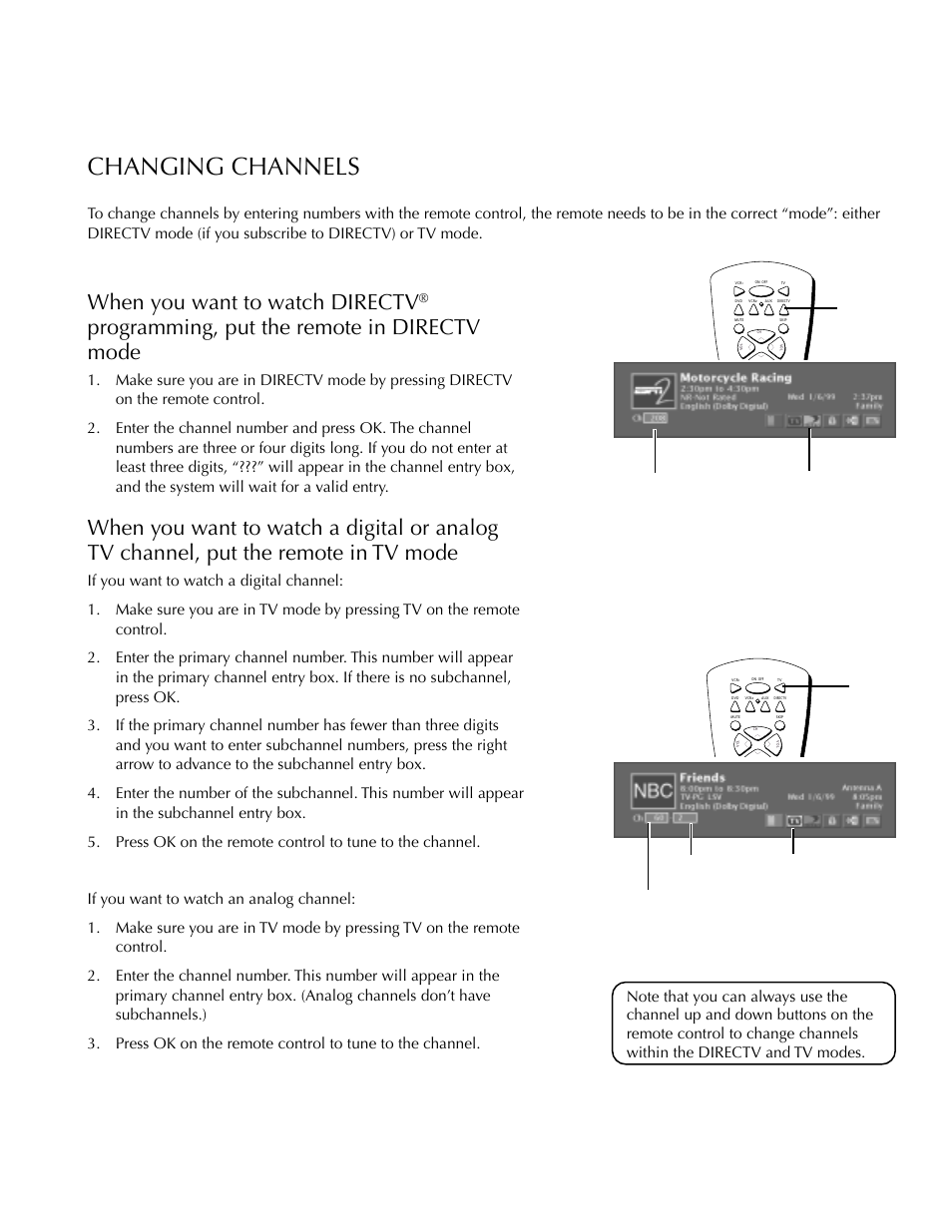 Changing channels, Basic tv operation, When you want to watch directv | Programming, put the remote in directv mode | DirecTV HDTV User Manual | Page 30 / 98