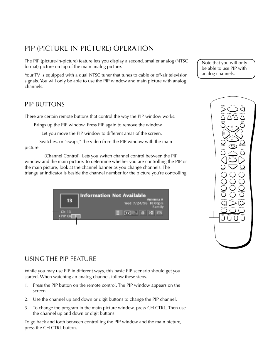 Pip (picture-in-picture) operation, Basic tv operation, Pip buttons | Using the pip feature | DirecTV HDTV User Manual | Page 31 / 98