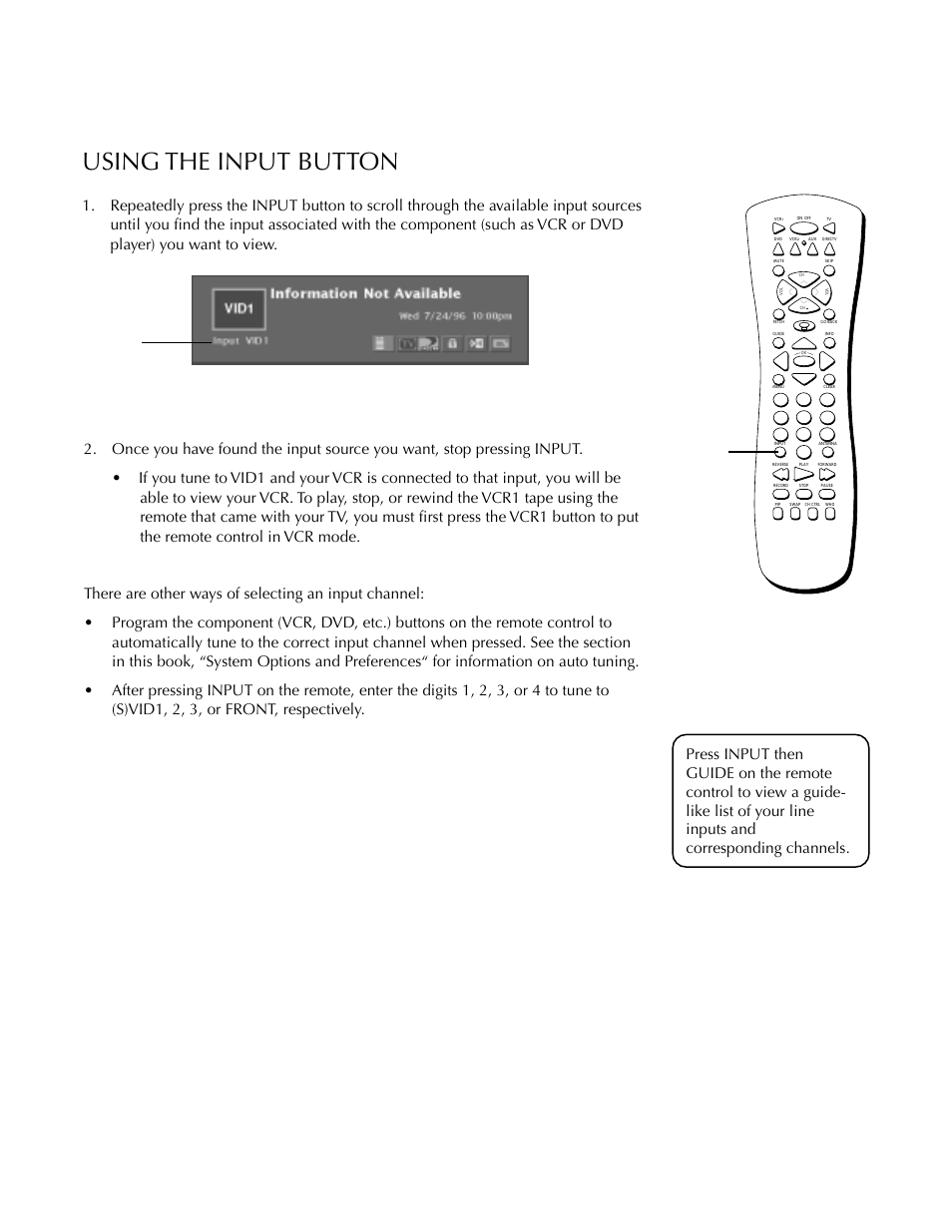 Using the input button, Basic tv operation | DirecTV HDTV User Manual | Page 33 / 98