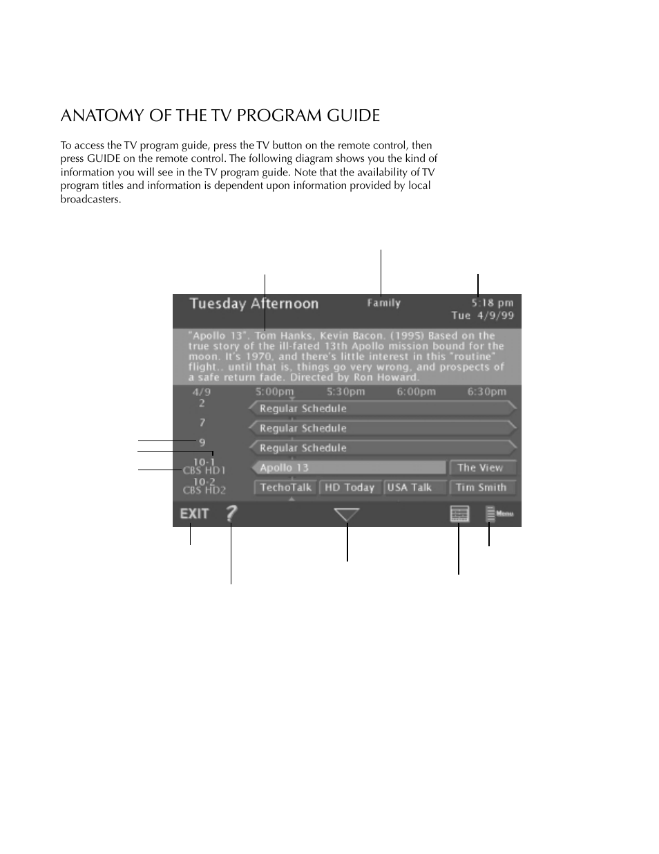 Anatomy of the tv program guide, Using the program guides | DirecTV HDTV User Manual | Page 36 / 98