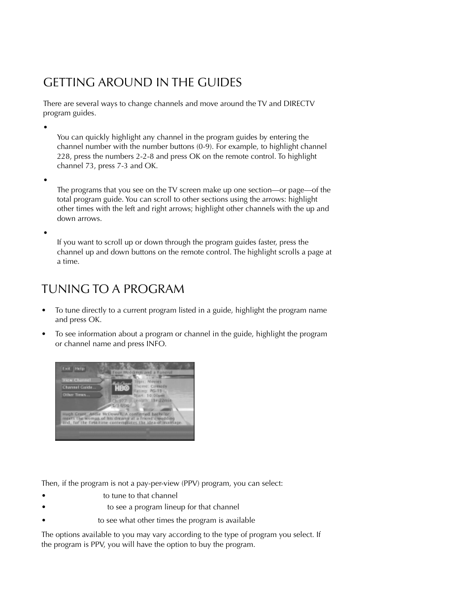 Tuning to a program, Getting around in the guides, Using the program guides | DirecTV HDTV User Manual | Page 38 / 98