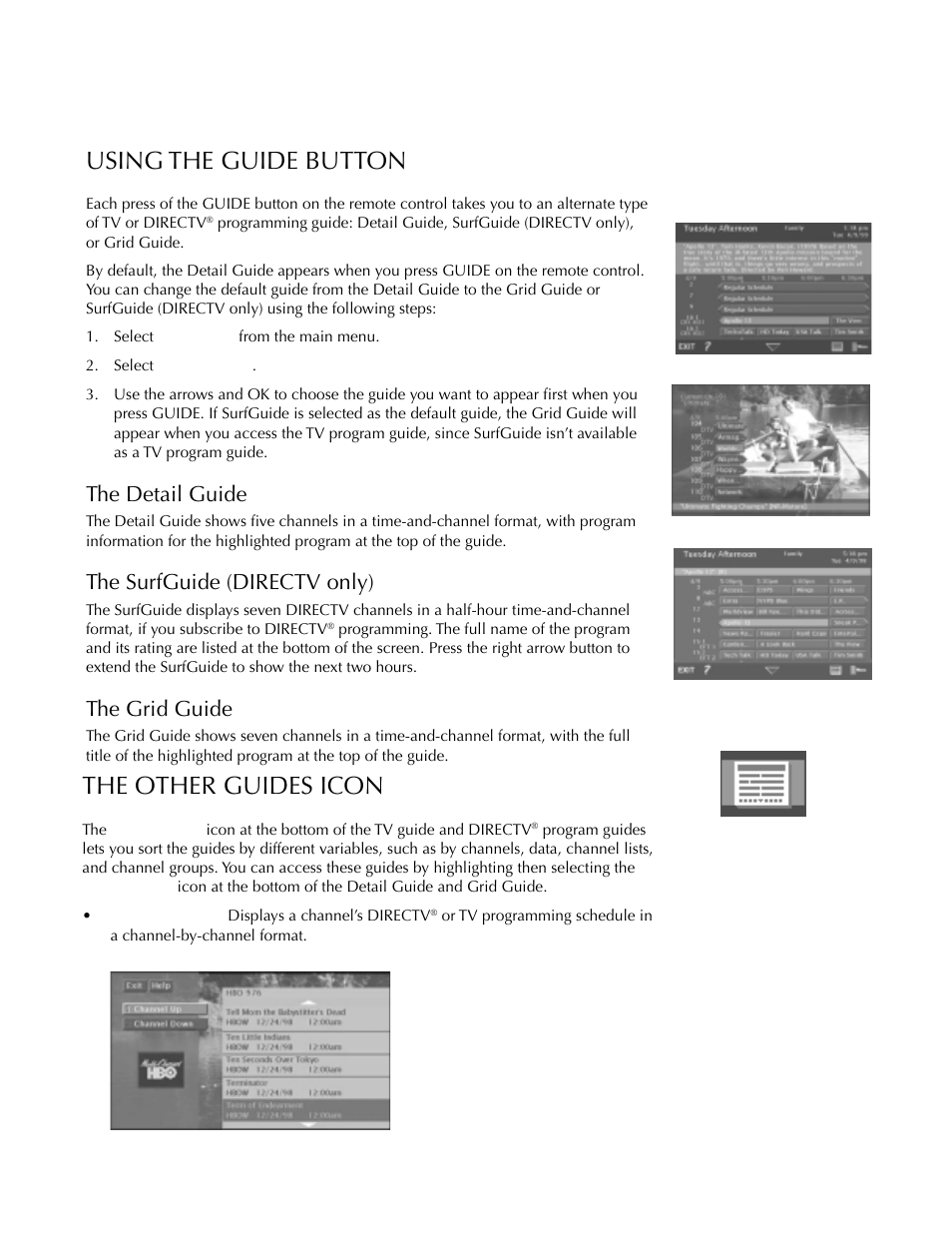 The other guides icon, Using the guide button, Using the program guides | The detail guide, The surfguide (directv only), The grid guide | DirecTV HDTV User Manual | Page 39 / 98