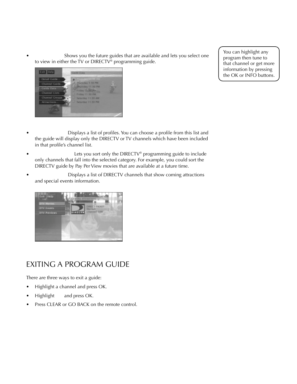 Exiting a program guide, Using the program guides | DirecTV HDTV User Manual | Page 40 / 98