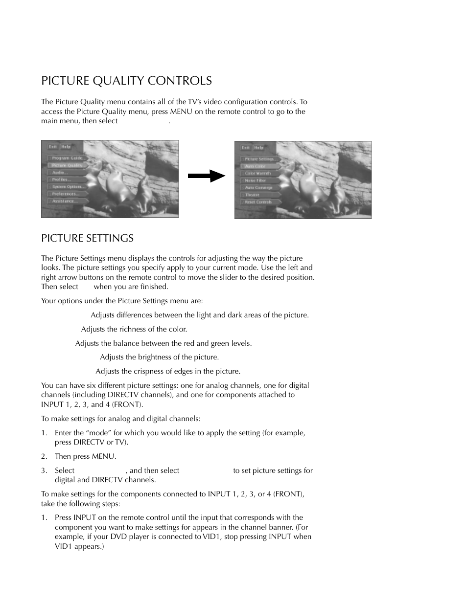 Picture quality controls, Picture settings, Adjusting tv controls | DirecTV HDTV User Manual | Page 45 / 98