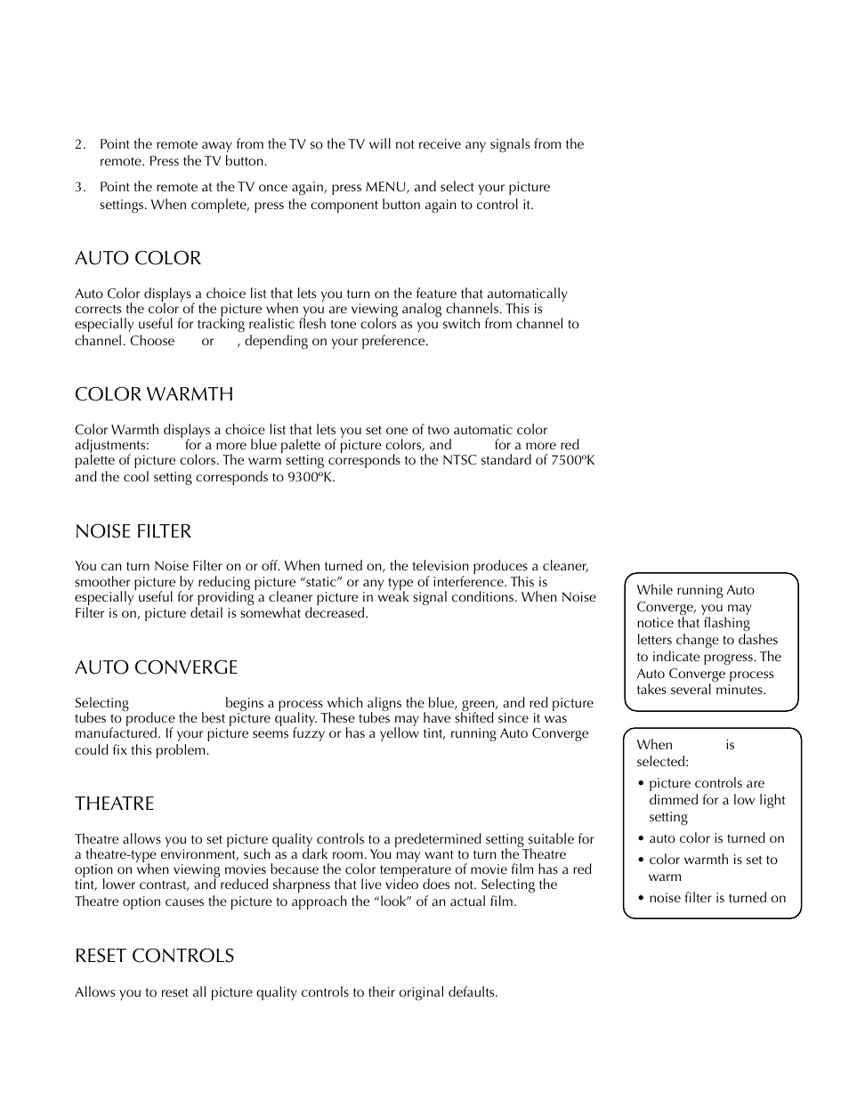 Auto color, Color warmth, Noise filter | Auto converge, Theatre, Reset controls, Adjusting tv controls | DirecTV HDTV User Manual | Page 46 / 98