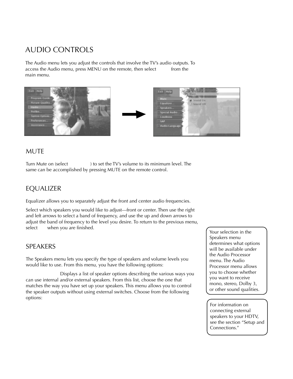 Audio controls, Mute, Equalizer | Speakers, Adjusting tv controls | DirecTV HDTV User Manual | Page 47 / 98