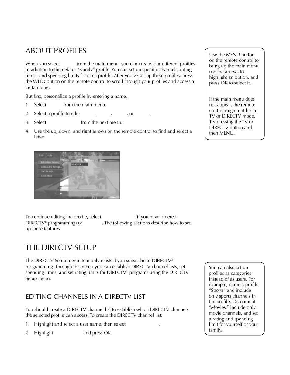 About profiles, The directv setup, Editing channels in a directv list | Using the profiles | DirecTV HDTV User Manual | Page 53 / 98