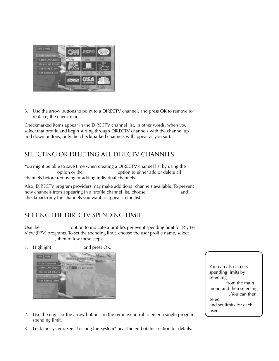 Selecting or deleting all directv channels, Setting the directv spending limit, Using the profiles | DirecTV HDTV User Manual | Page 54 / 98