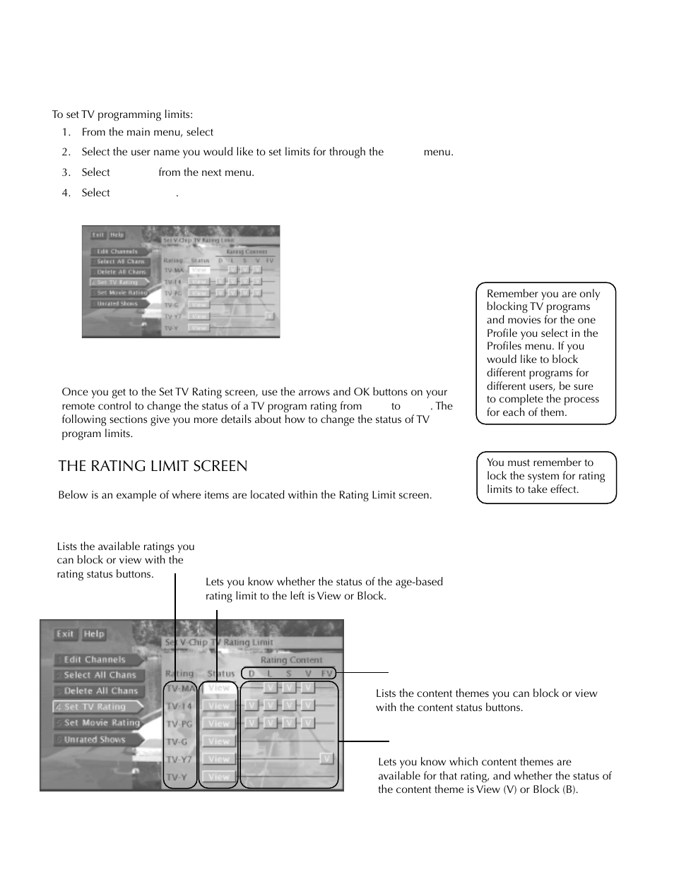 The rating limit screen, Using the profiles | DirecTV HDTV User Manual | Page 58 / 98