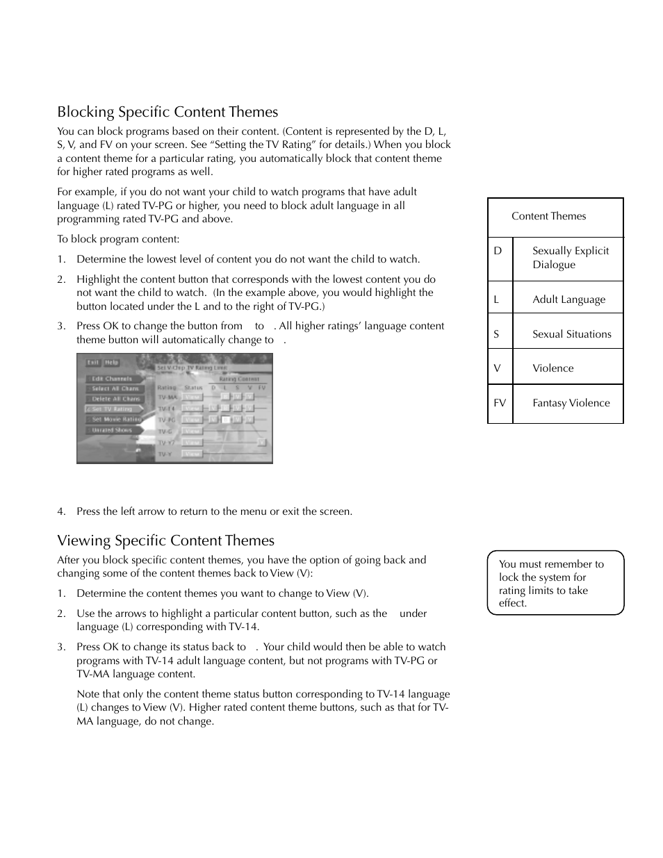 Using the profiles, Blocking specific content themes, Viewing specific content themes | DirecTV HDTV User Manual | Page 60 / 98