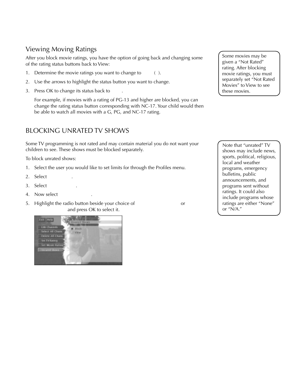 Blocking unrated tv shows, Using the profiles, Viewing moving ratings | DirecTV HDTV User Manual | Page 62 / 98