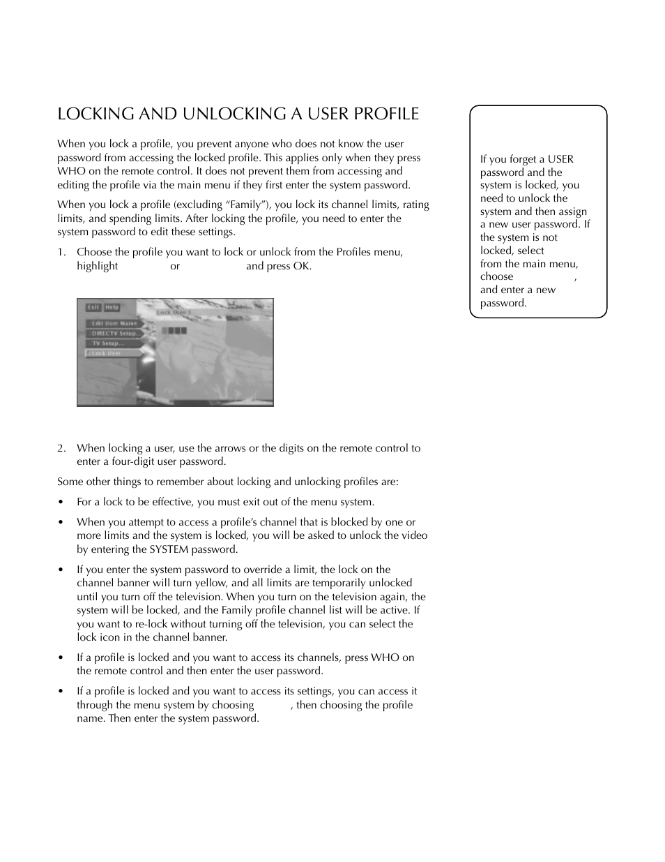 Locking and unlocking a user profile, Using the profiles | DirecTV HDTV User Manual | Page 64 / 98