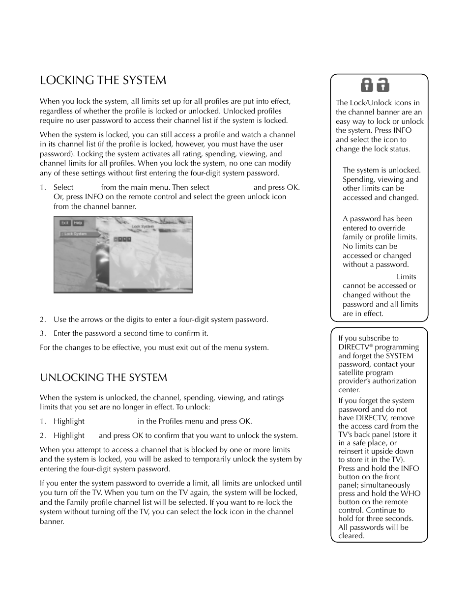 Locking the system, Unlocking the system, Using the profiles | DirecTV HDTV User Manual | Page 65 / 98