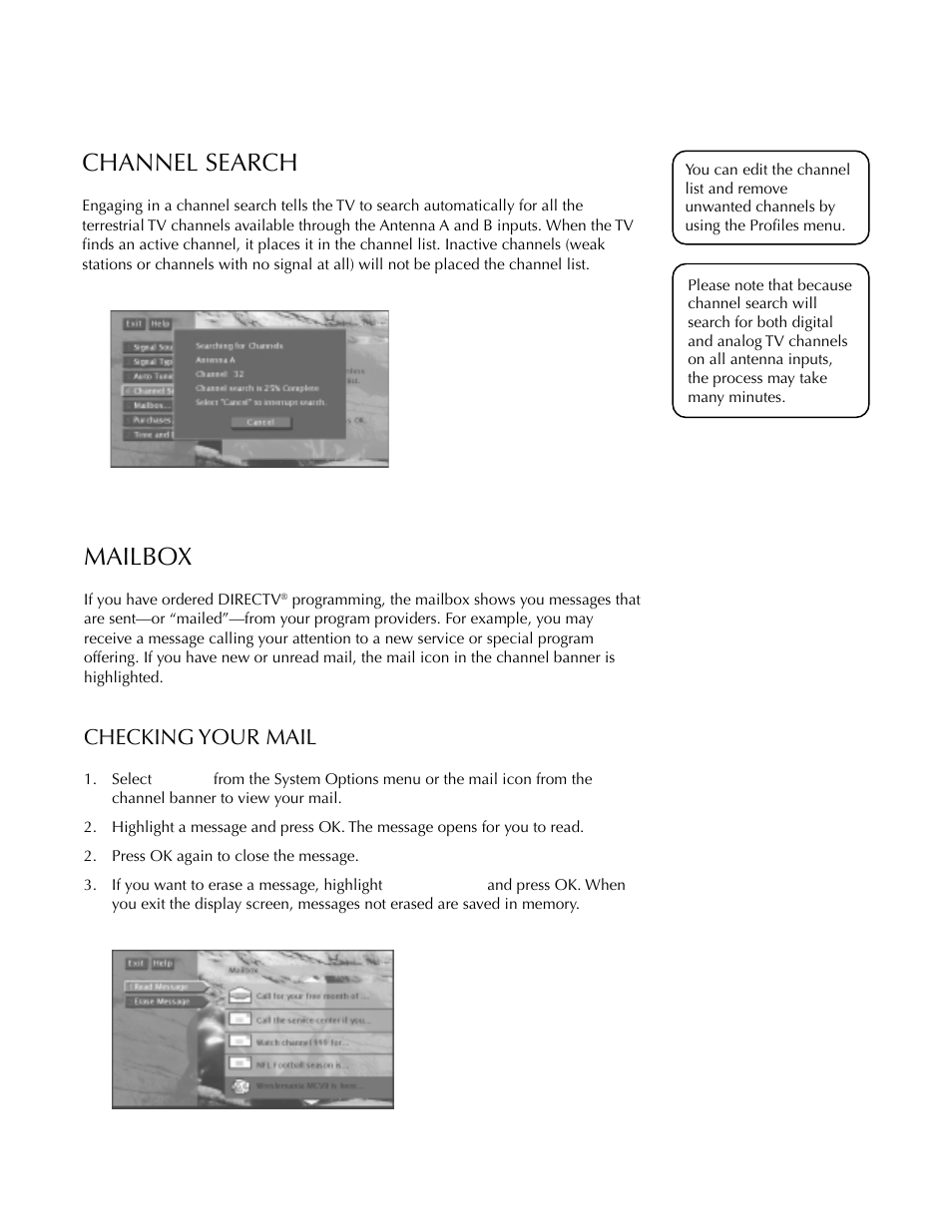 Channel search, Mailbox, System options and preferences | Checking your mail | DirecTV HDTV User Manual | Page 69 / 98