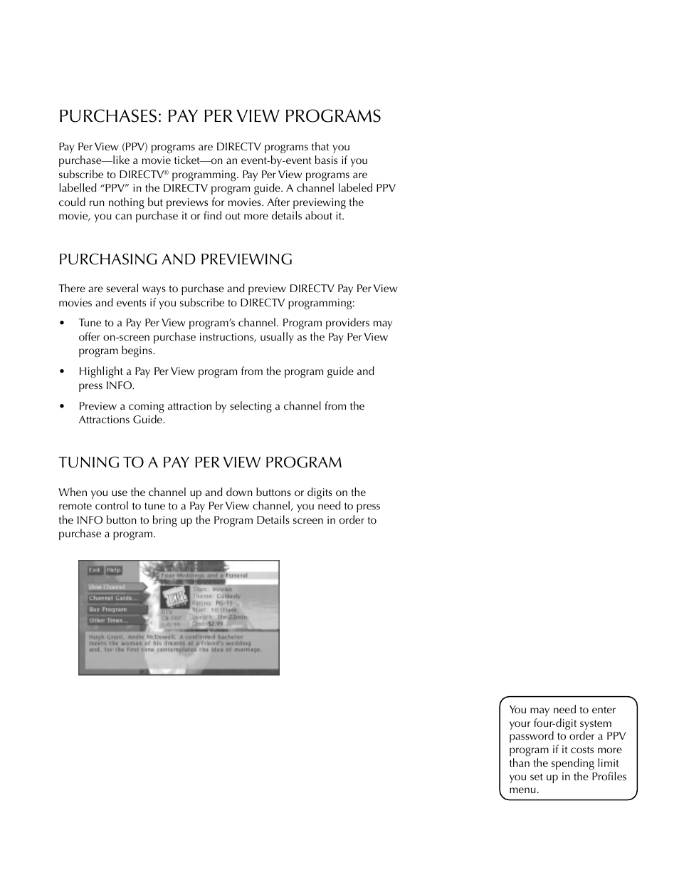 Purchases: pay per view programs, Tuning to a pay per view program, System options and preferences | Purchasing and previewing | DirecTV HDTV User Manual | Page 70 / 98