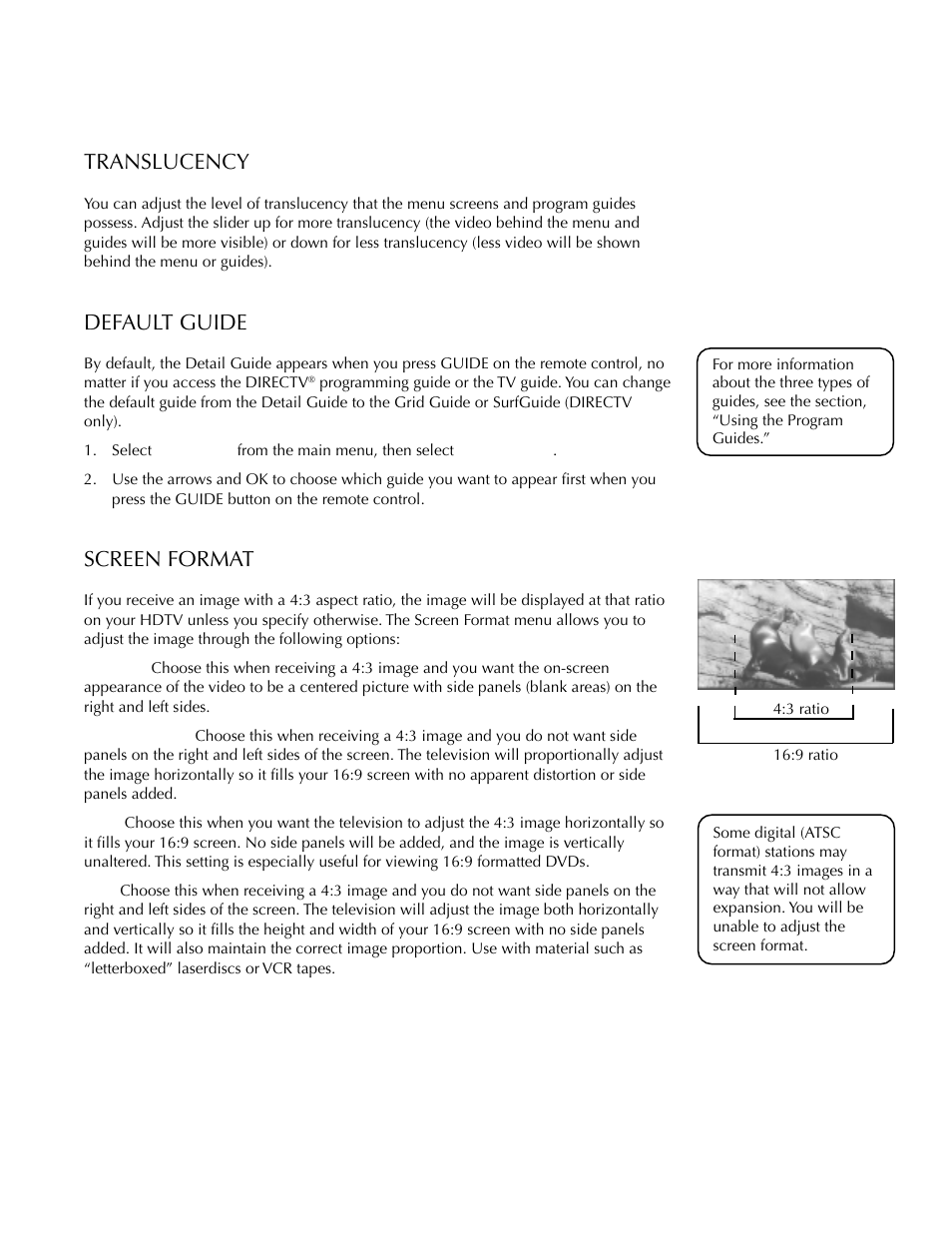 System options and preferences, Translucency, Default guide | Screen format | DirecTV HDTV User Manual | Page 75 / 98