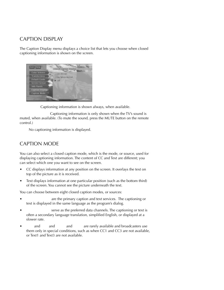 System options and preferences, Caption display, Caption mode | DirecTV HDTV User Manual | Page 76 / 98