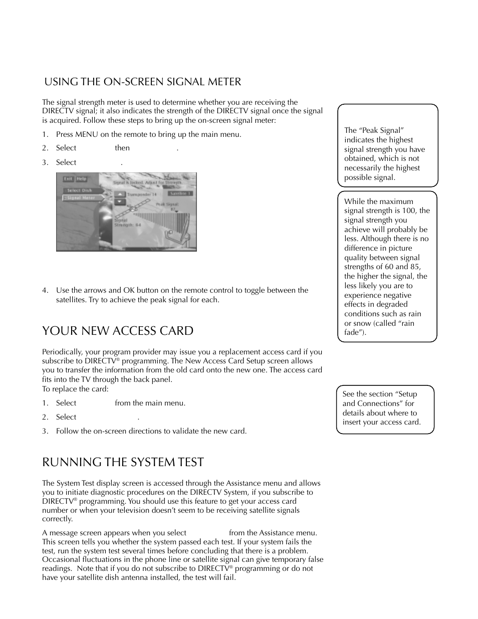 Using the on-screen signal meter, Your new access card, Running the system test | Getting assistance | DirecTV HDTV User Manual | Page 81 / 98