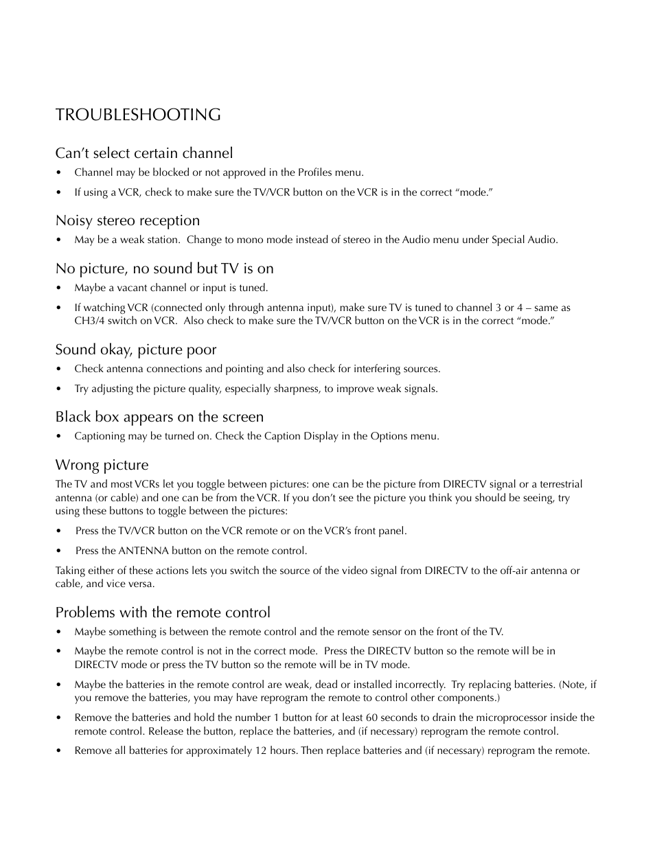 Troubleshooting, Reference, Can’t select certain channel | Noisy stereo reception, No picture, no sound but tv is on, Sound okay, picture poor, Black box appears on the screen, Wrong picture, Problems with the remote control | DirecTV HDTV User Manual | Page 83 / 98