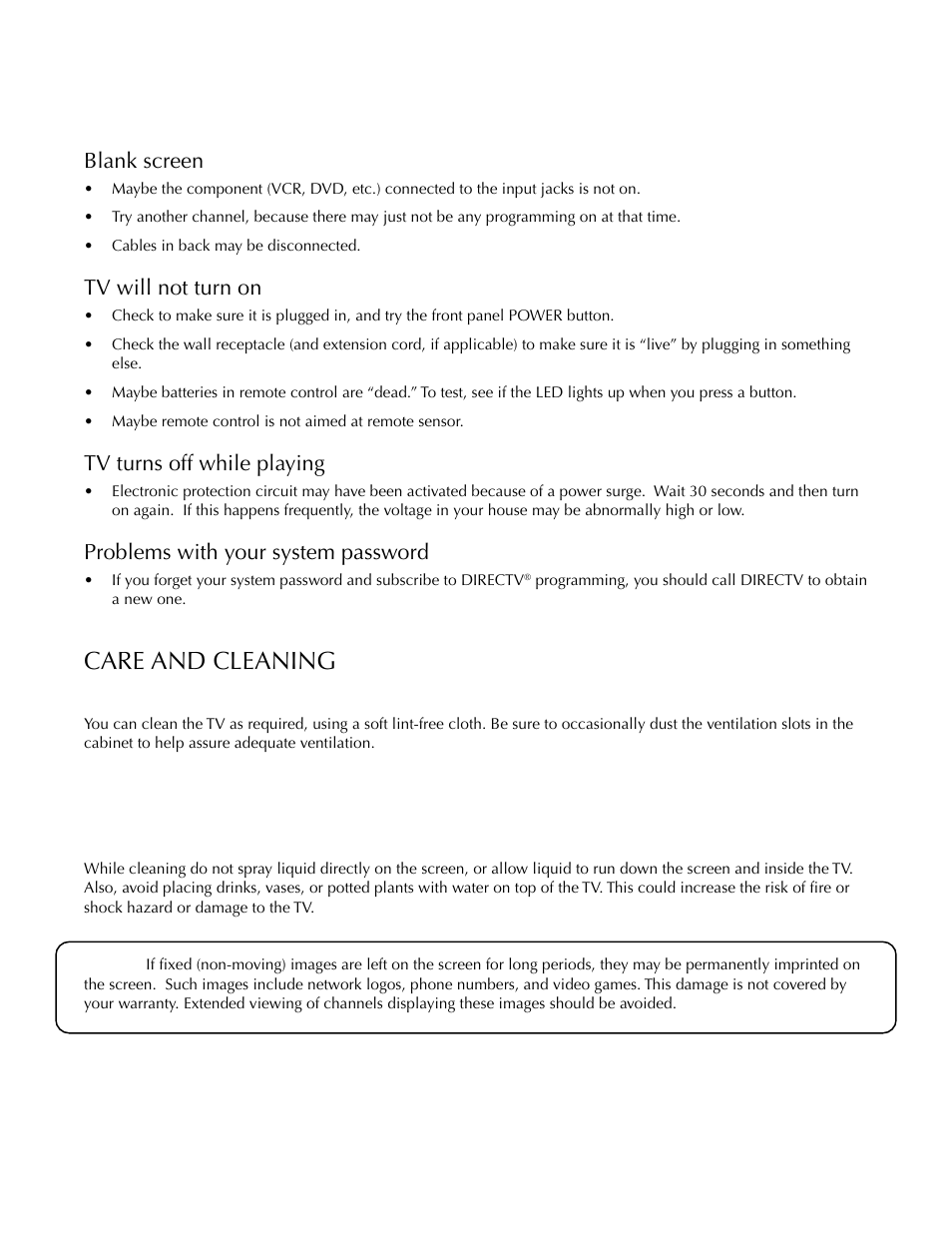 Care and cleaning, Reference, Blank screen | Tv will not turn on, Tv turns off while playing, Problems with your system password | DirecTV HDTV User Manual | Page 84 / 98