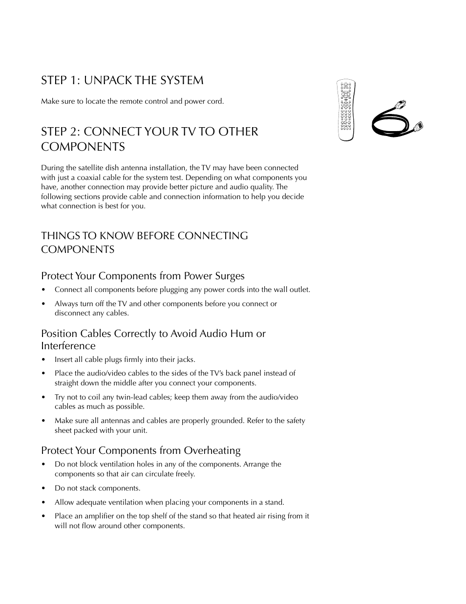 Step 1: unpack the system, Step 2: connect your tv to other components, Things to know before connecting components | Setup and connections, Protect your components from overheating | DirecTV HDTV User Manual | Page 9 / 98