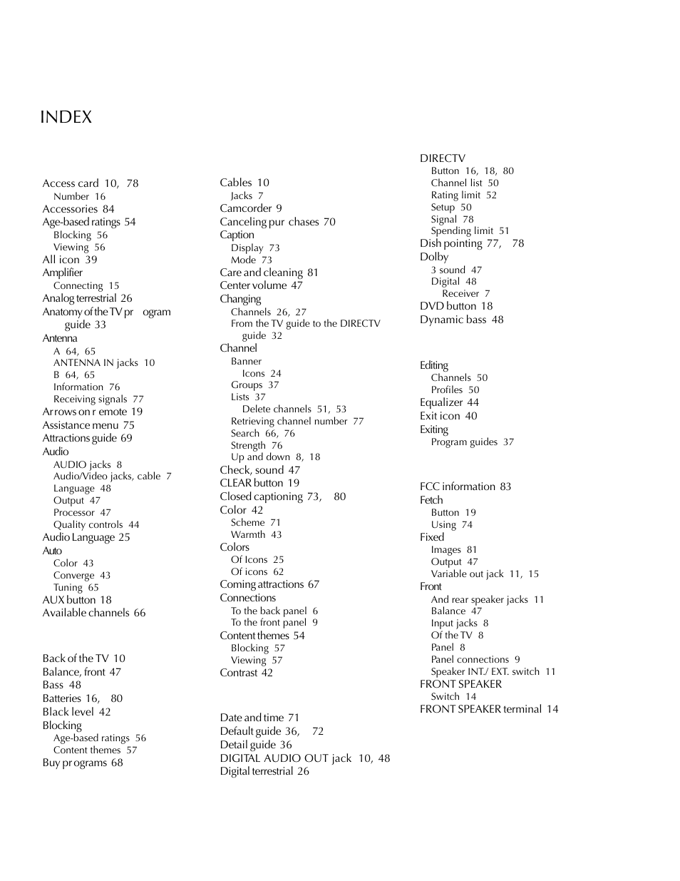 Index, Reference | DirecTV HDTV User Manual | Page 95 / 98