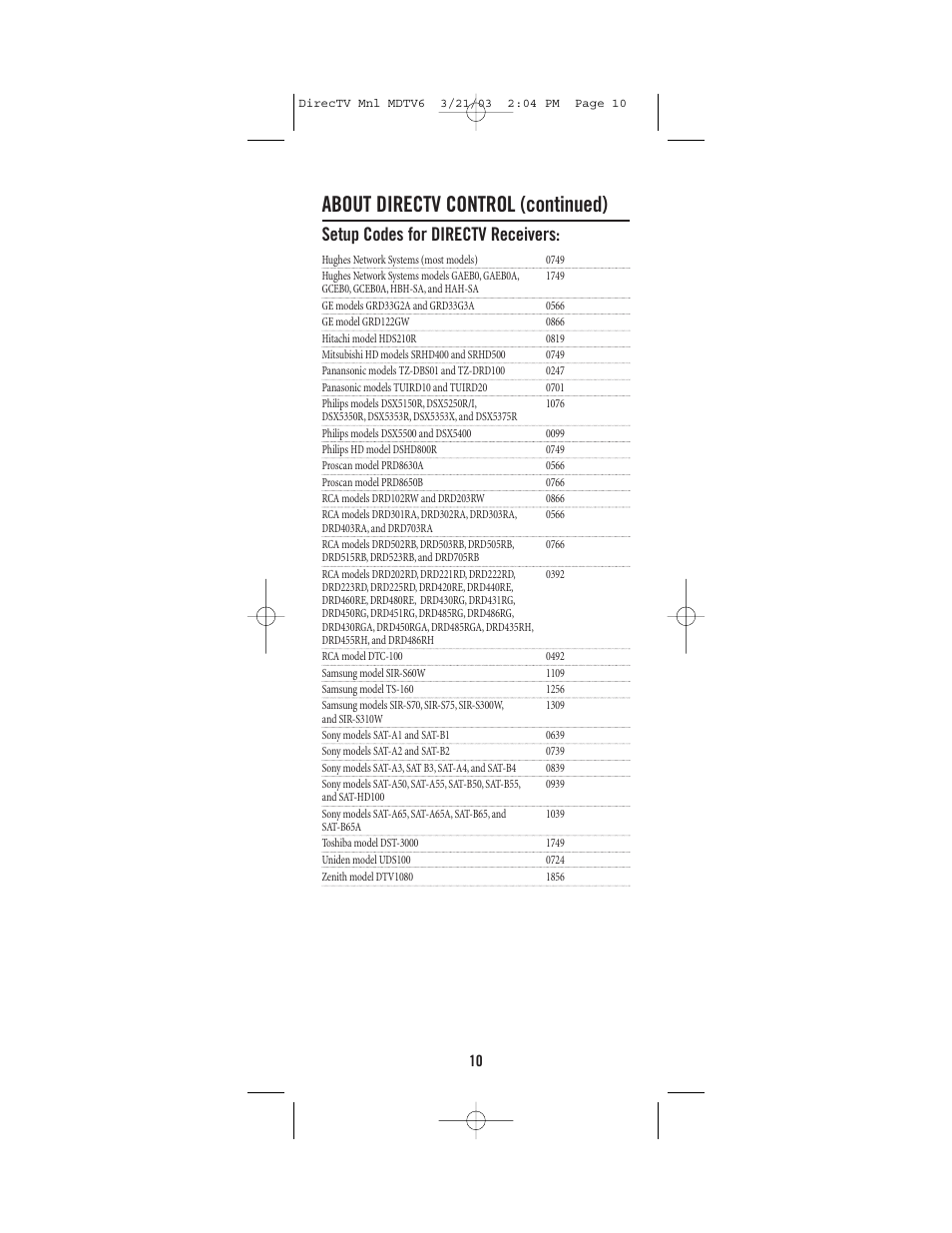 About directv control (continued), Setup codes for directv receivers | DirecTV MDTV6 User Manual | Page 10 / 32