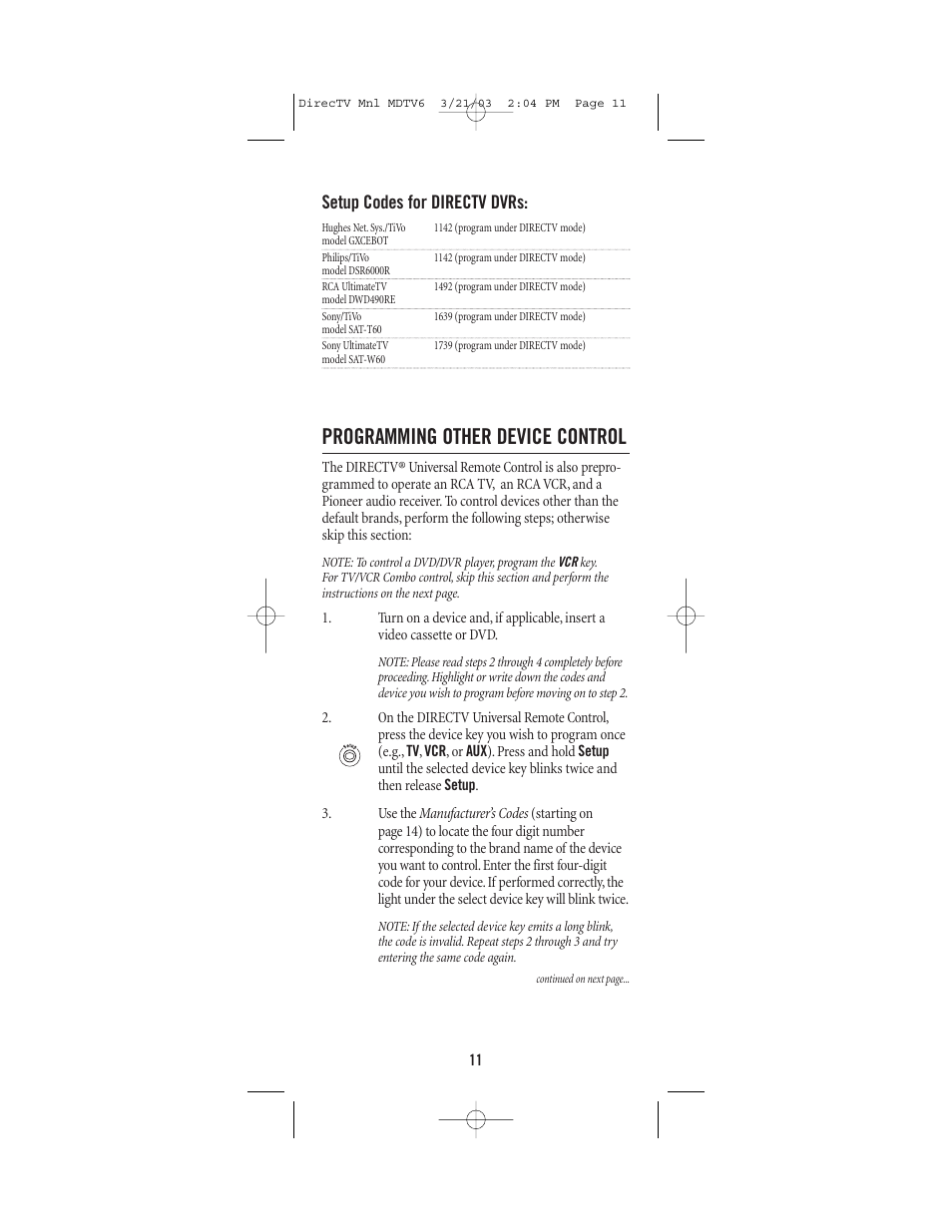Programming other device control, Setup codes for directv dvrs | DirecTV MDTV6 User Manual | Page 11 / 32