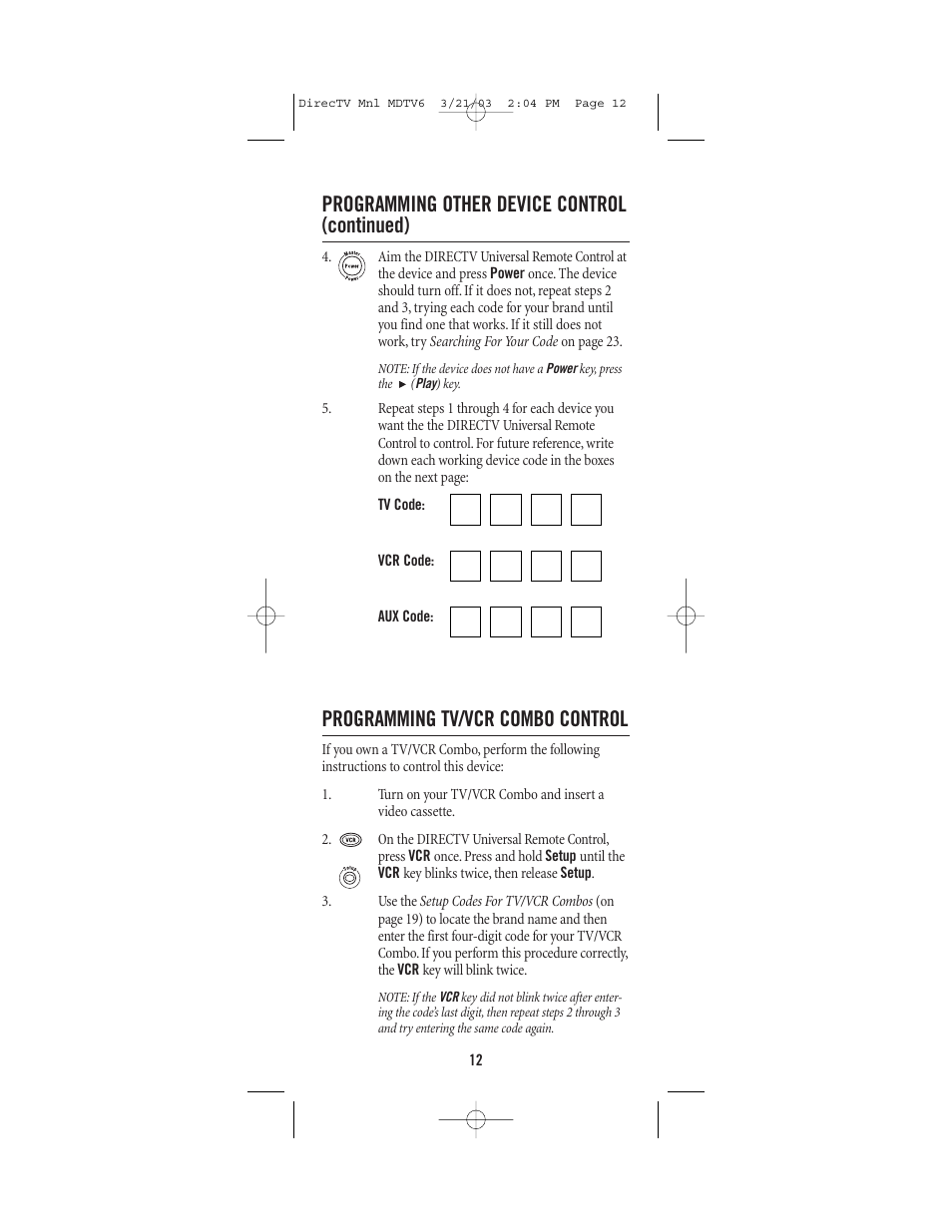 Programming other device control (continued), Programming tv/vcr combo control | DirecTV MDTV6 User Manual | Page 12 / 32