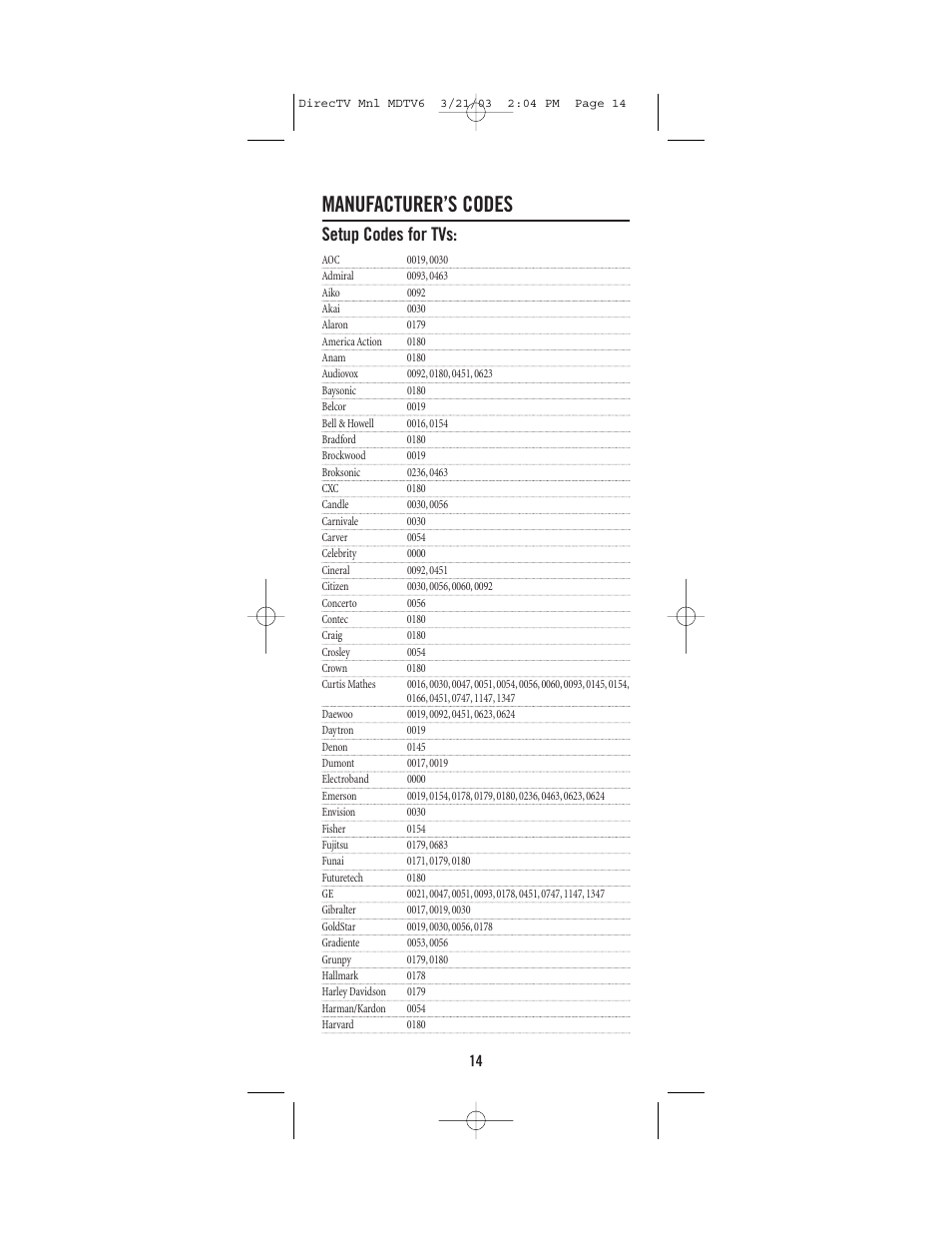 Manufacturer’s codes, Setup codes for tvs | DirecTV MDTV6 User Manual | Page 14 / 32