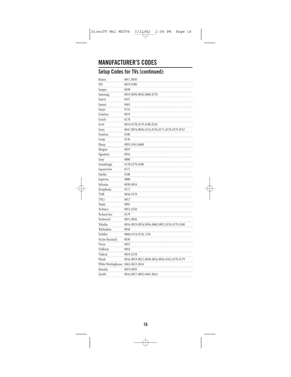 Manufacturer’s codes, Setup codes for tvs (continued) | DirecTV MDTV6 User Manual | Page 16 / 32
