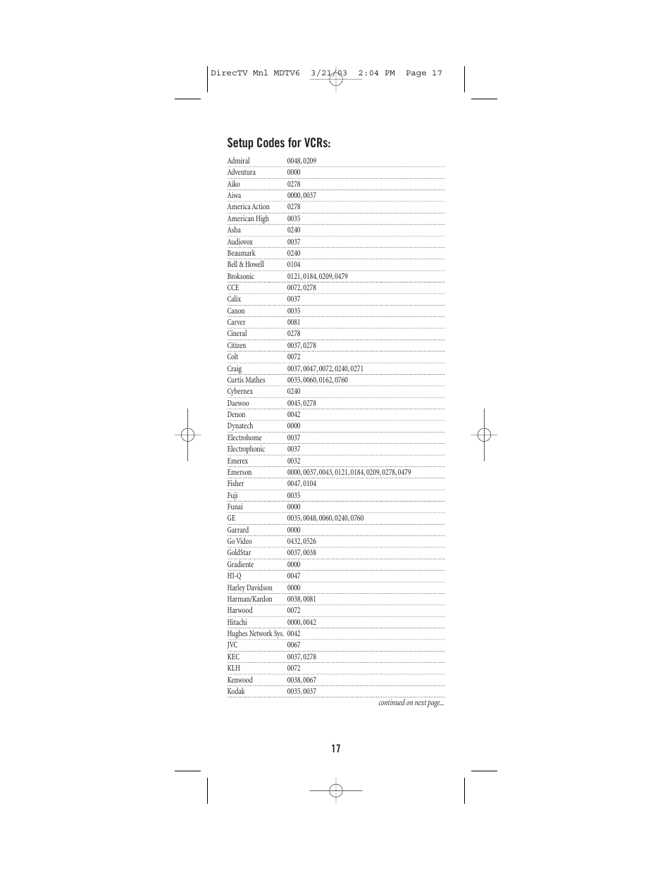 Setup codes for vcrs | DirecTV MDTV6 User Manual | Page 17 / 32