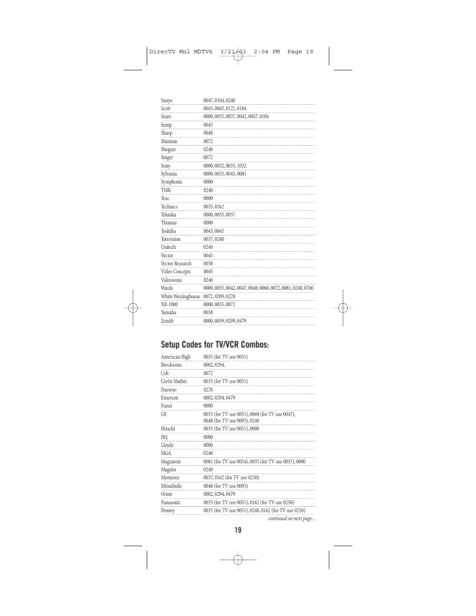 Setup codes for tv/vcr combos | DirecTV MDTV6 User Manual | Page 19 / 32