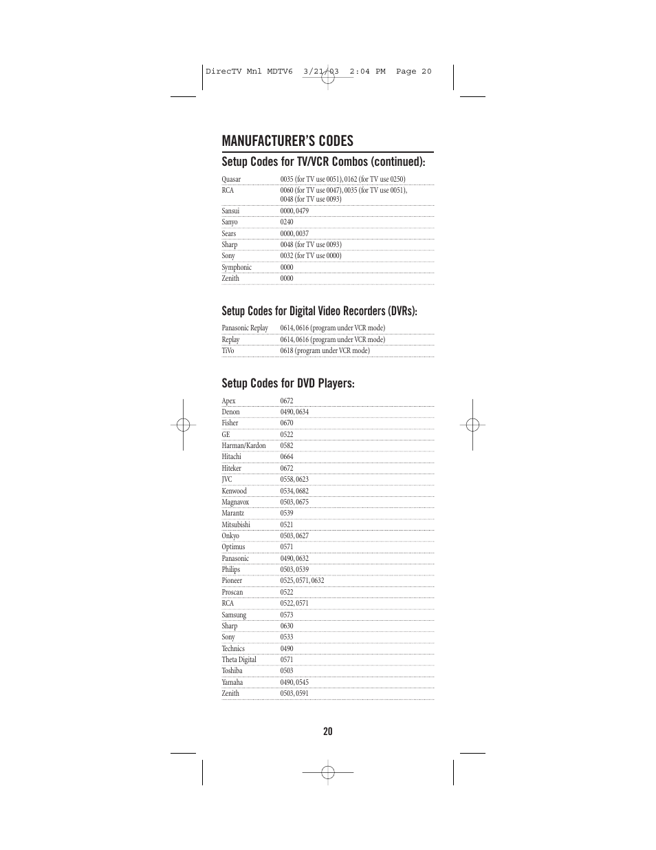 Manufacturer’s codes, Setup codes for tv/vcr combos (continued), Setup codes for digital video recorders (dvrs) | Setup codes for dvd players | DirecTV MDTV6 User Manual | Page 20 / 32