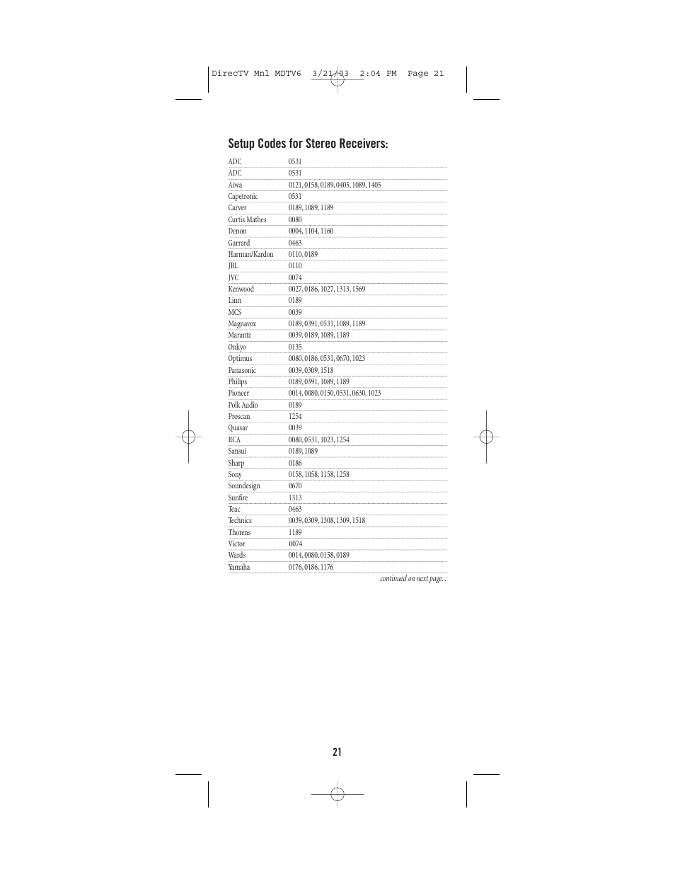 Setup codes for stereo receivers | DirecTV MDTV6 User Manual | Page 21 / 32