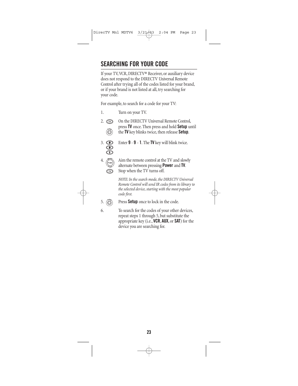 Searching for your code | DirecTV MDTV6 User Manual | Page 23 / 32