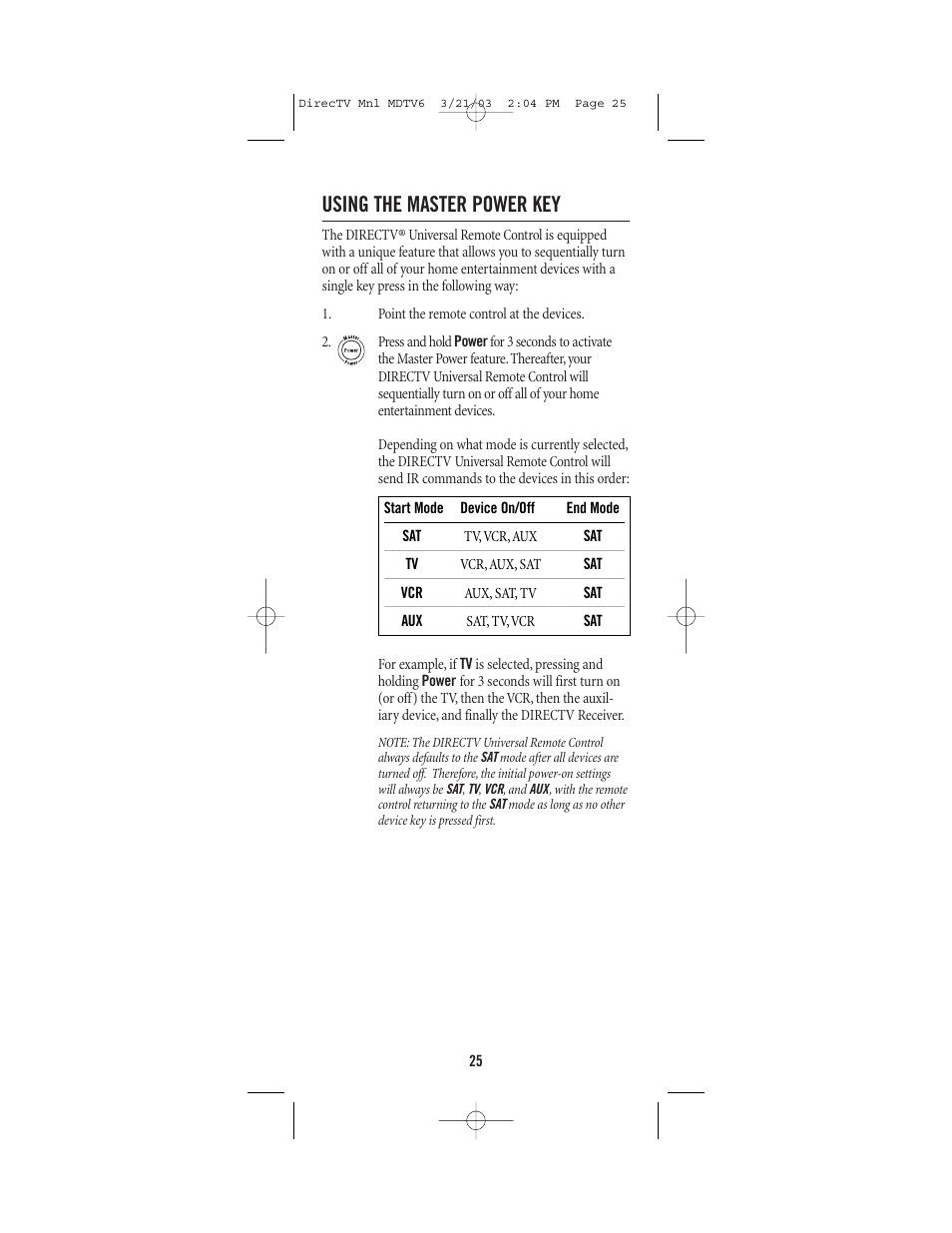 Using the master power key | DirecTV MDTV6 User Manual | Page 25 / 32