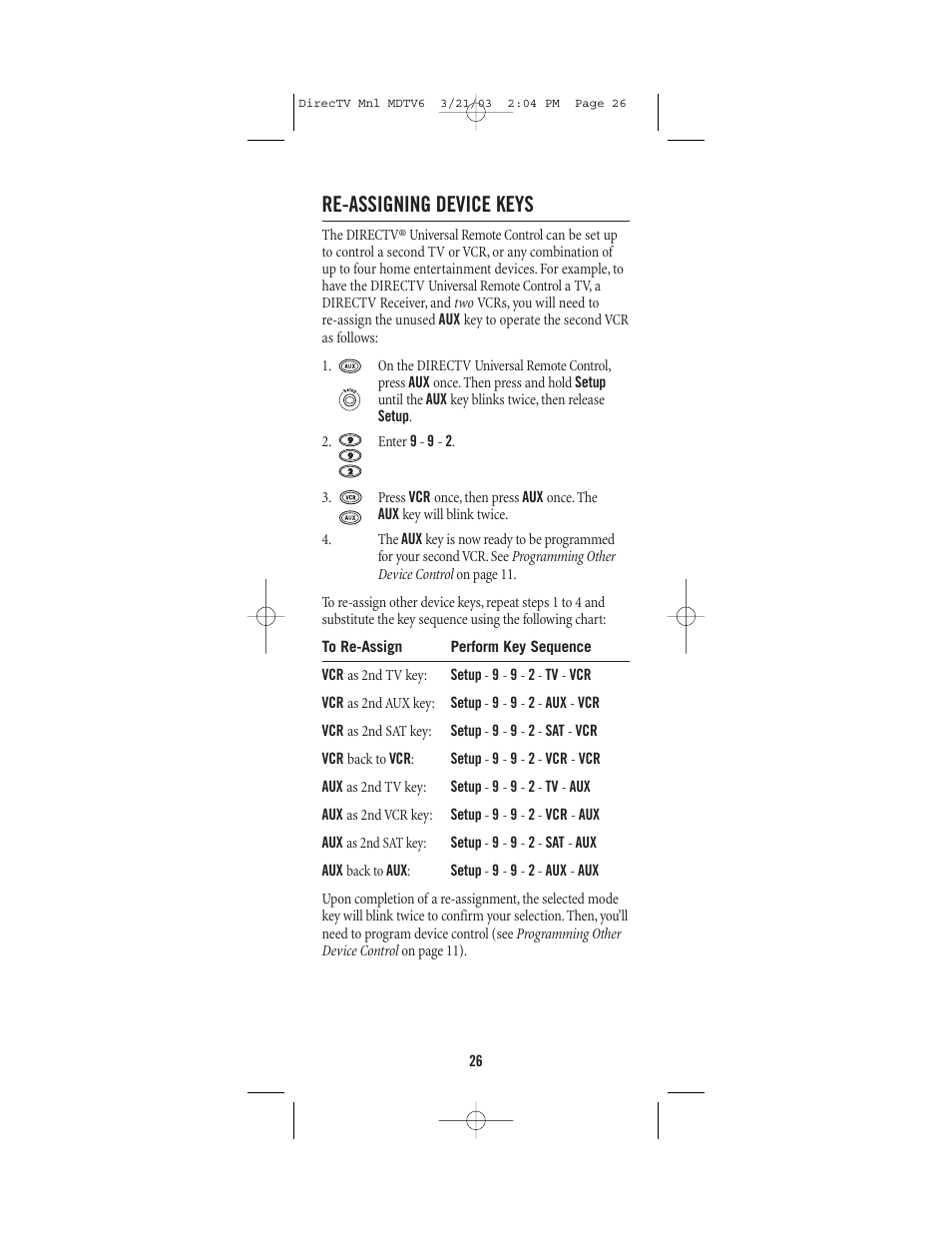 Re-assigning device keys | DirecTV MDTV6 User Manual | Page 26 / 32