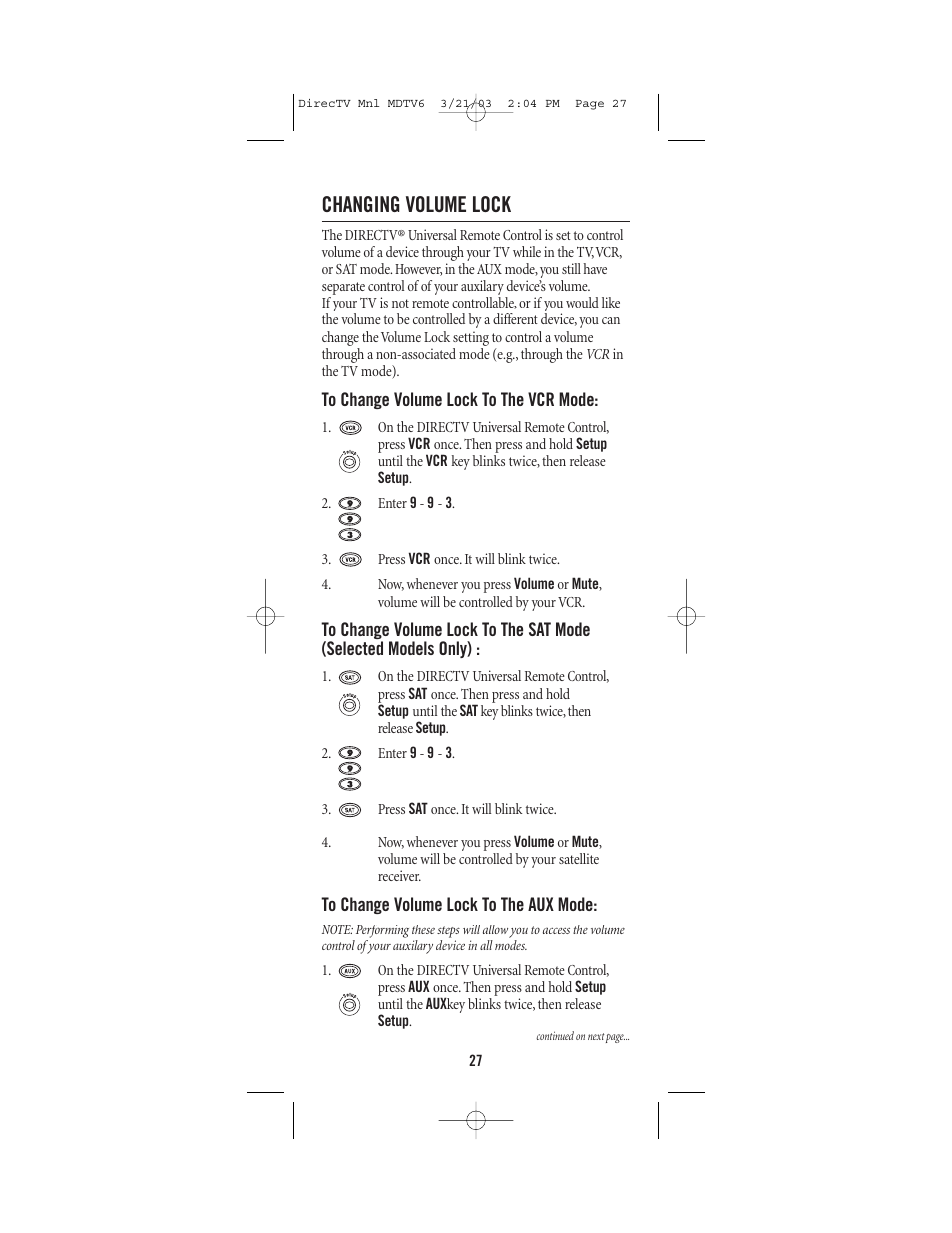Changing volume lock | DirecTV MDTV6 User Manual | Page 27 / 32